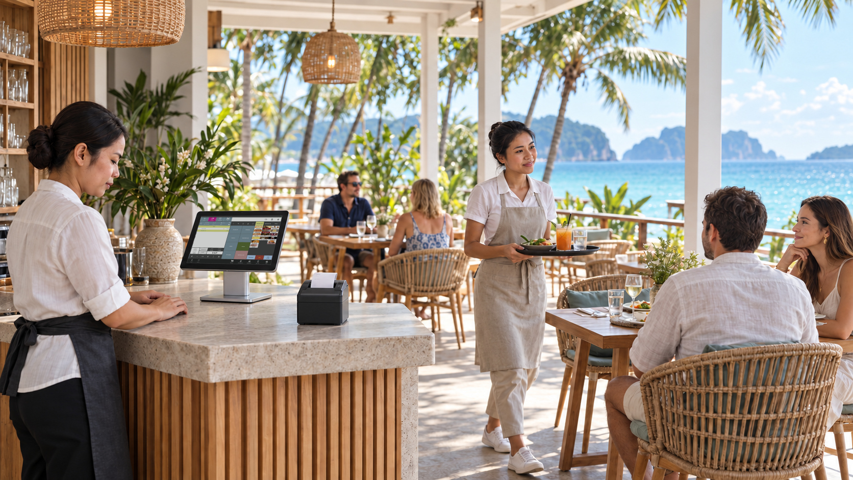 ภาพประกอบร้านอาหารริมทะเล มีพนักงาน ลูกค้า และเครื่อง POS ที่กำลังใช้งาน